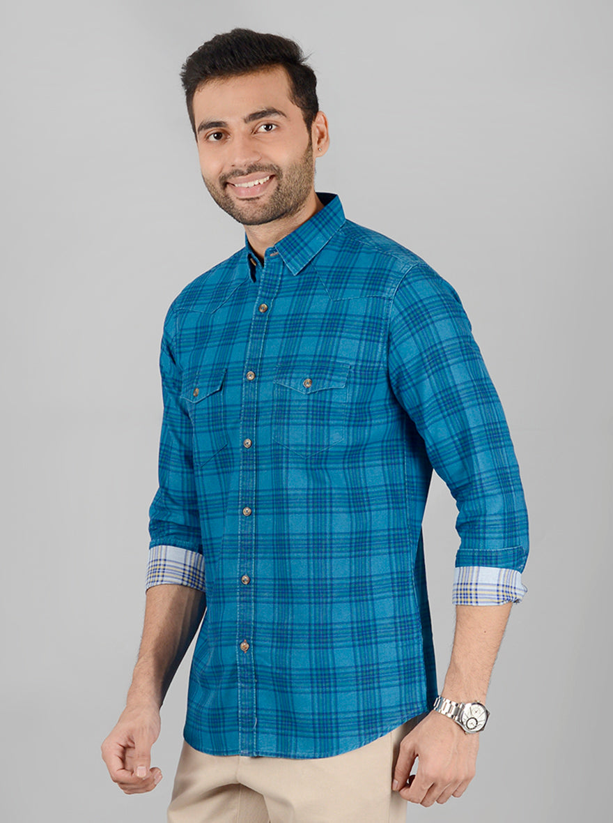 Sapphire Blue Checked Slim Fit Casual Shirt | JB Sport