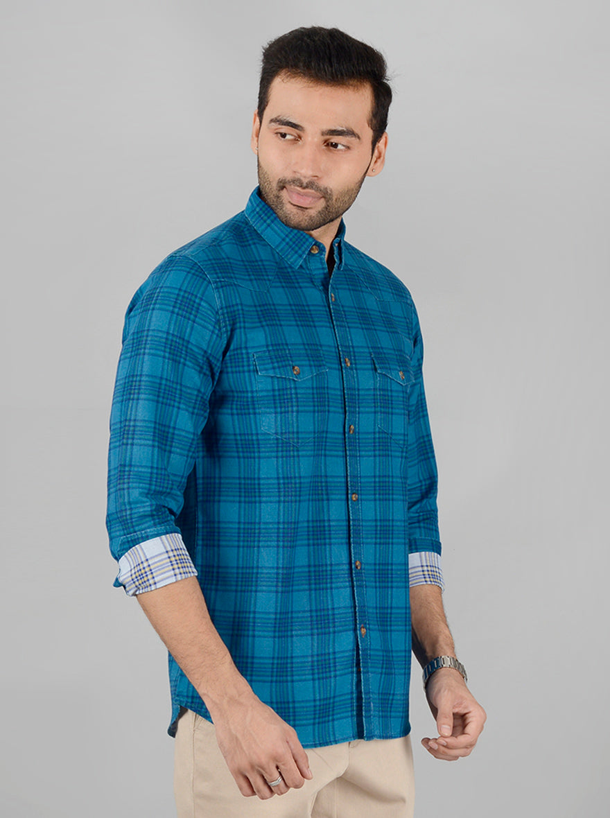 Sapphire Blue Checked Slim Fit Casual Shirt | JB Sport