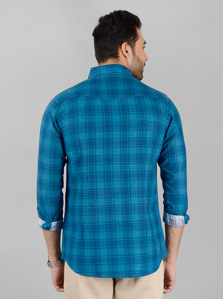 Sapphire Blue Checked Slim Fit Casual Shirt | JB Sport