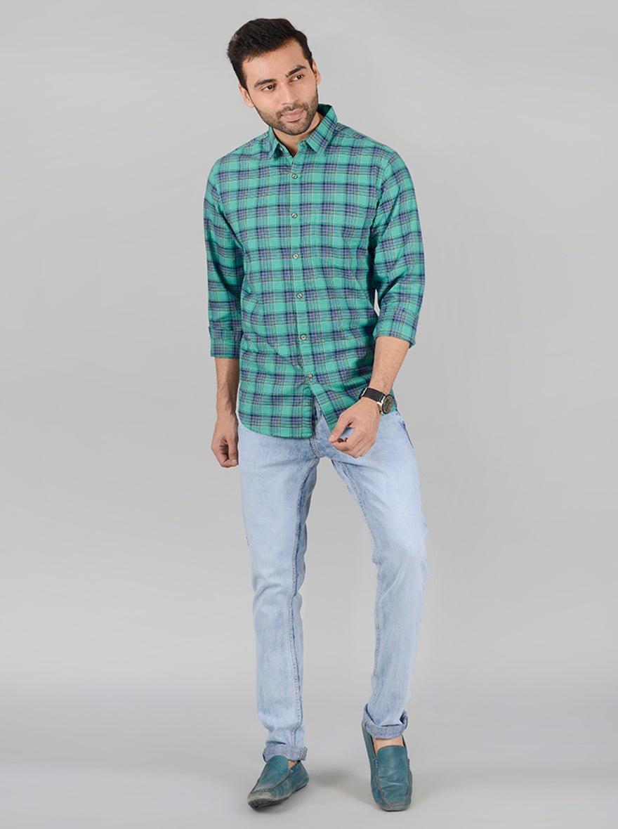 Spectra Green Checked Slim Fit Casual Shirt | JB Sport