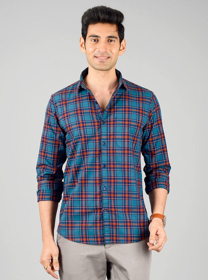 Turkish & Brown Checked Slim Fit Casual Shirt | JB Sport