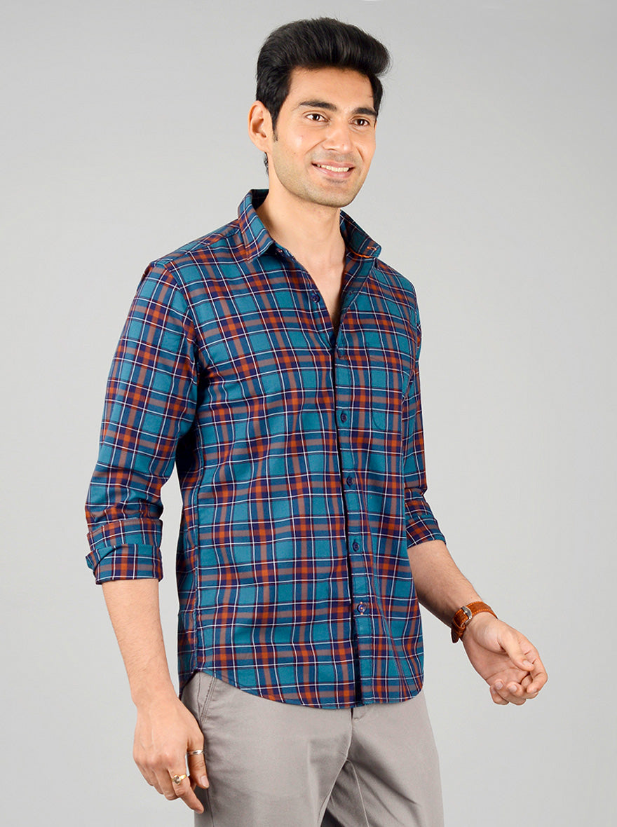 Turkish & Brown Checked Slim Fit Casual Shirt | JB Sport