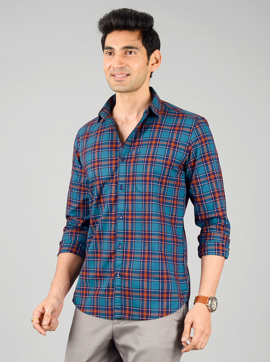 Turkish & Brown Checked Slim Fit Casual Shirt | JB Sport