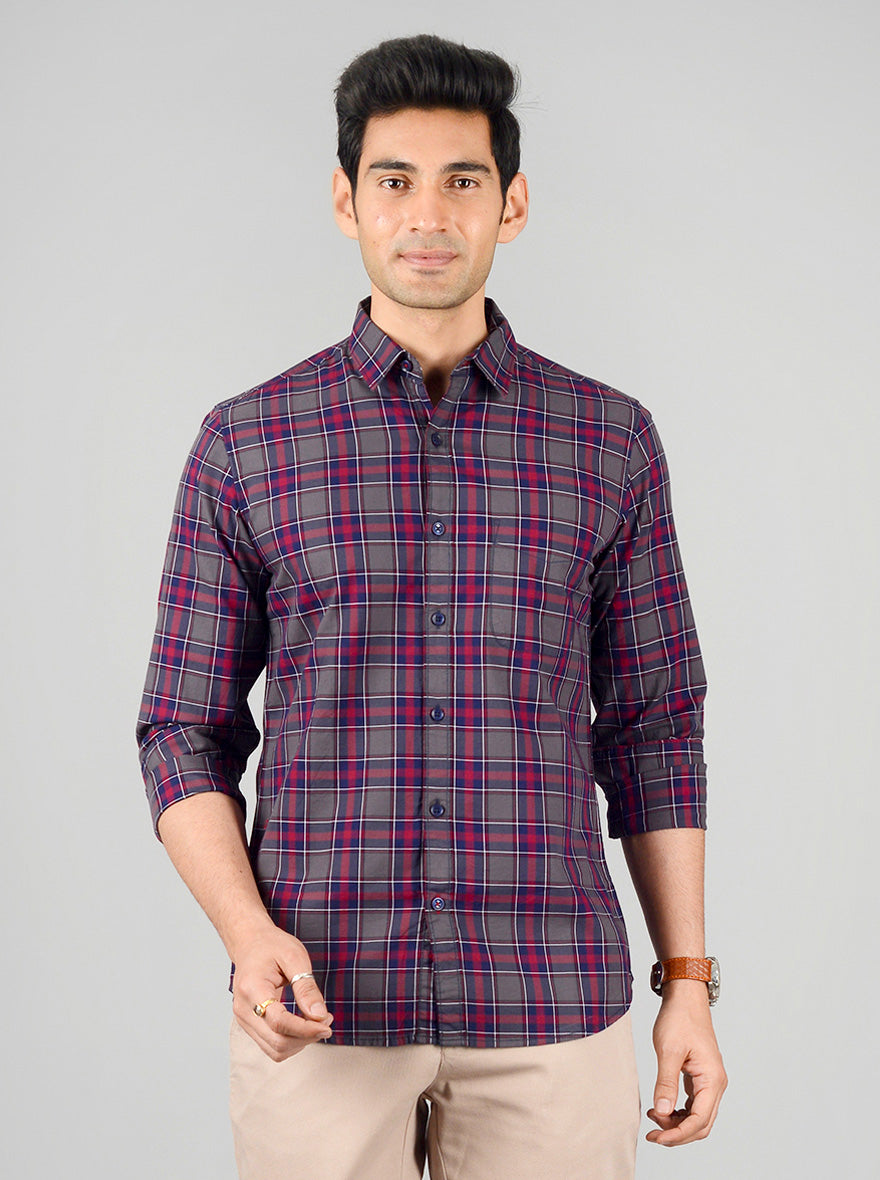 Grey & Medieval Blue Checked Slim Fit Casual Shirt | JB Sport