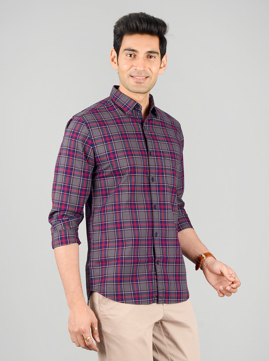 Grey & Medieval Blue Checked Slim Fit Casual Shirt | JB Sport