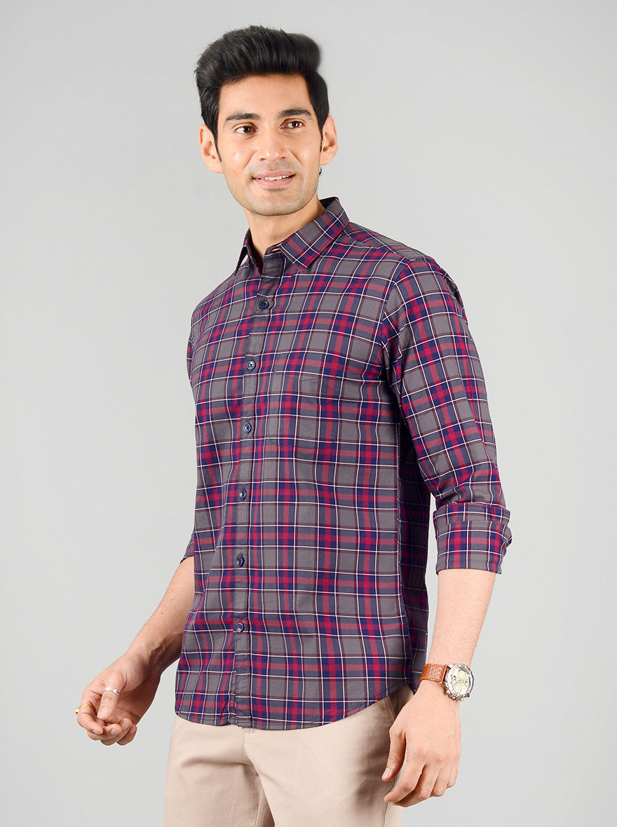 Grey & Medieval Blue Checked Slim Fit Casual Shirt | JB Sport