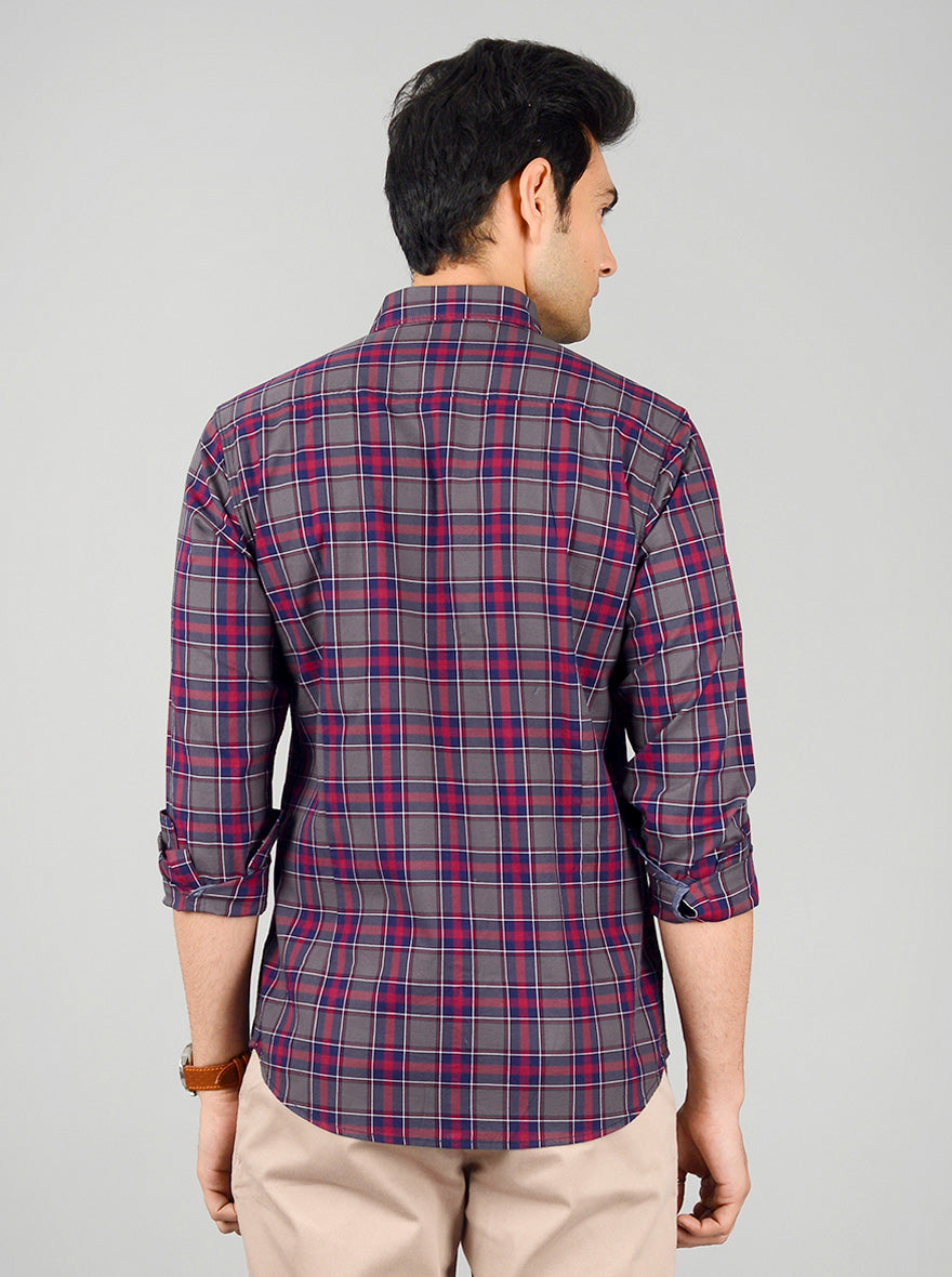 Grey & Medieval Blue Checked Slim Fit Casual Shirt | JB Sport