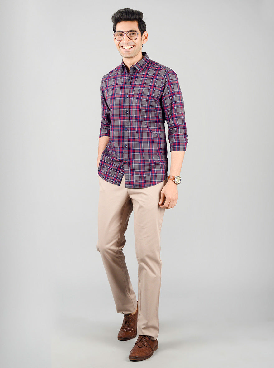 Grey & Medieval Blue Checked Slim Fit Casual Shirt | JB Sport