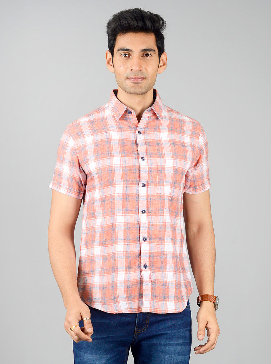 Camellia Orange Checked Slim Fit Casual Shirt | Greenfibre