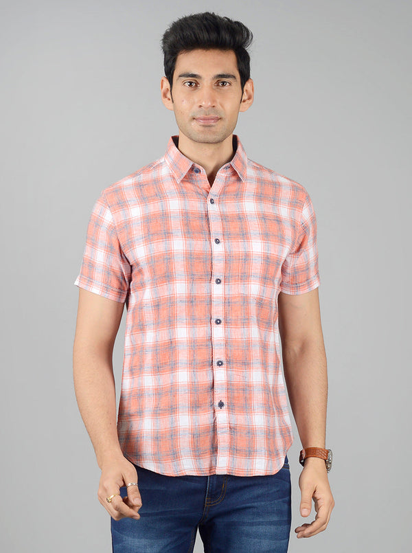 Camellia Orange Checked Slim Fit Casual Shirt | Greenfibre