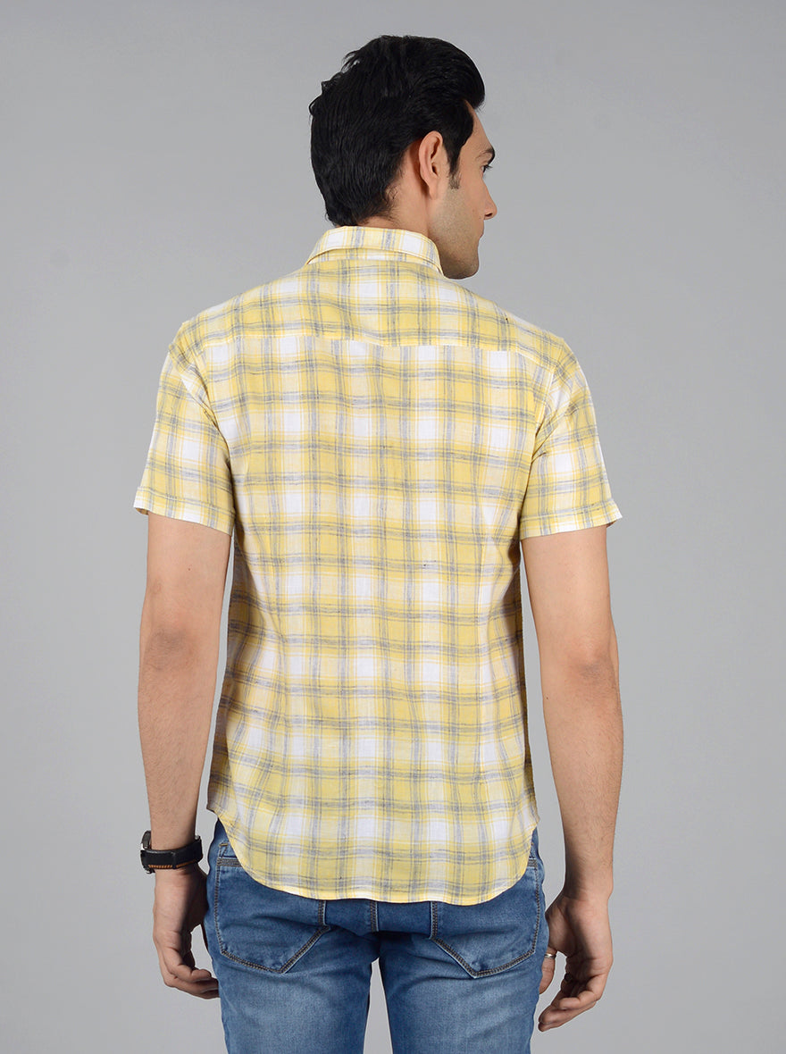 Yellow & Grey Checked Slim Fit Casual Shirt | Greenfibre