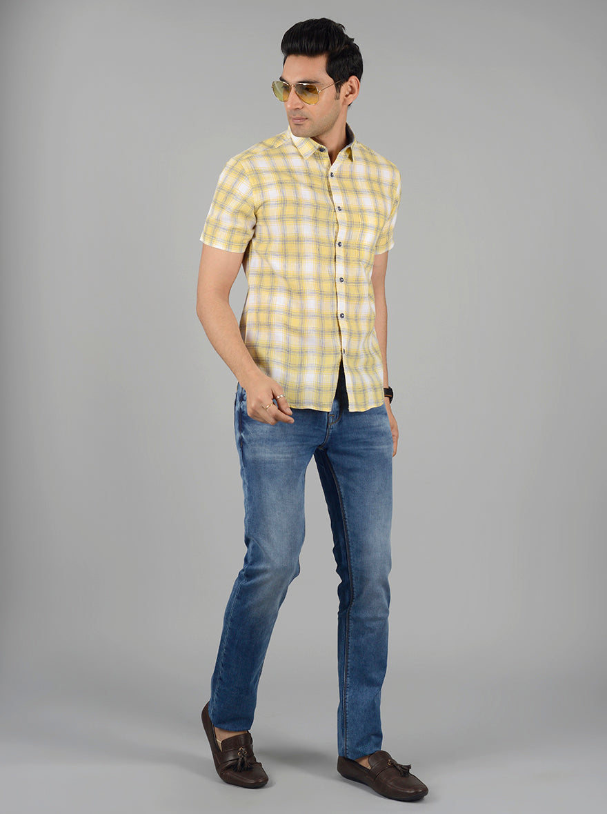 Yellow & Grey Checked Slim Fit Casual Shirt | Greenfibre