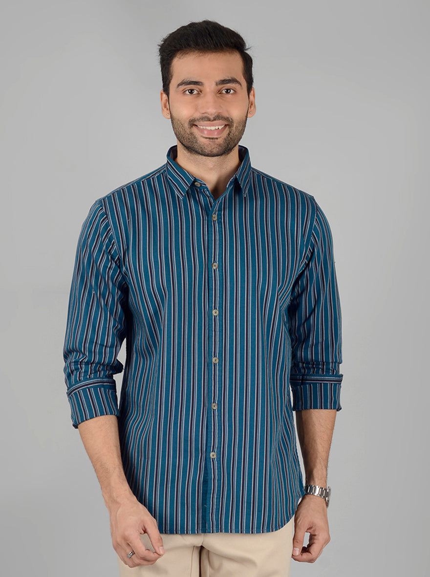 Ocean Blue Striped Slim Fit Casual Shirt | JB Sport