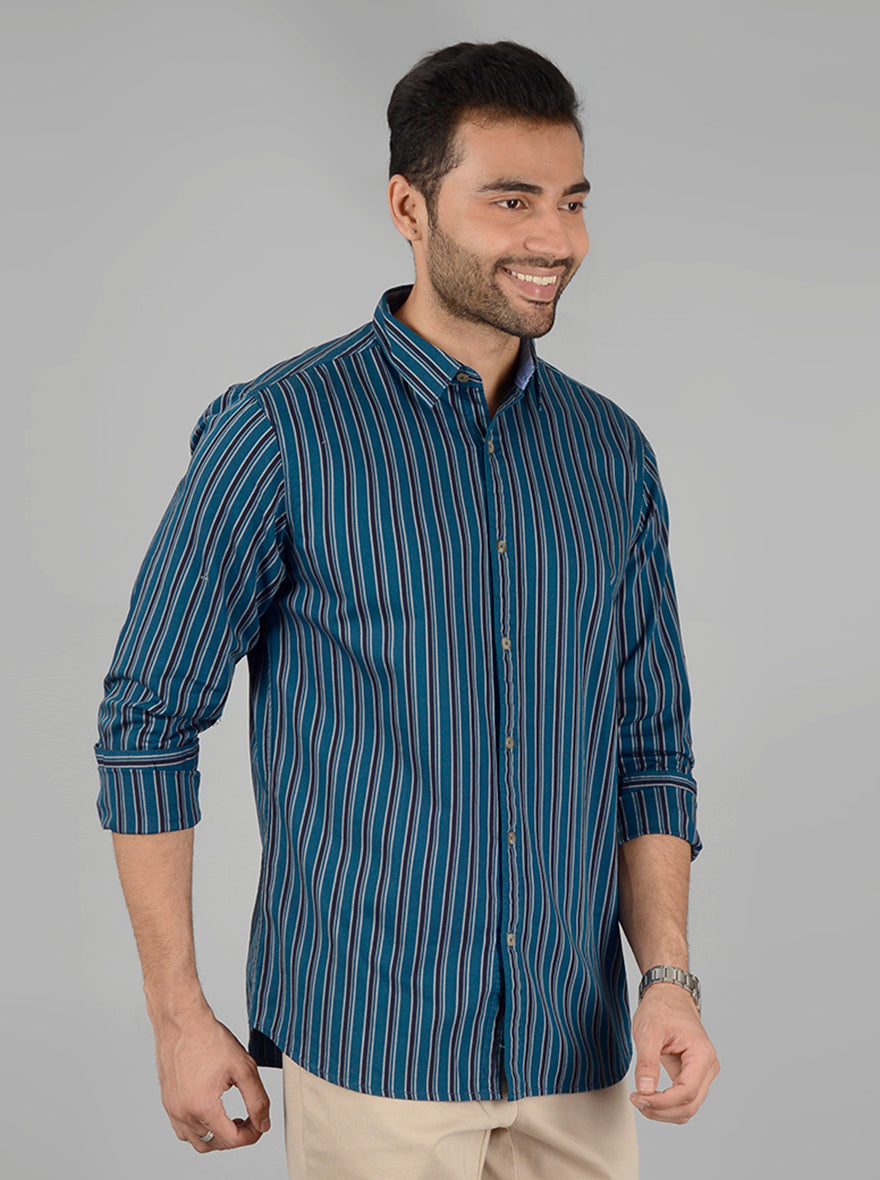 Ocean Blue Striped Slim Fit Casual Shirt | JB Sport