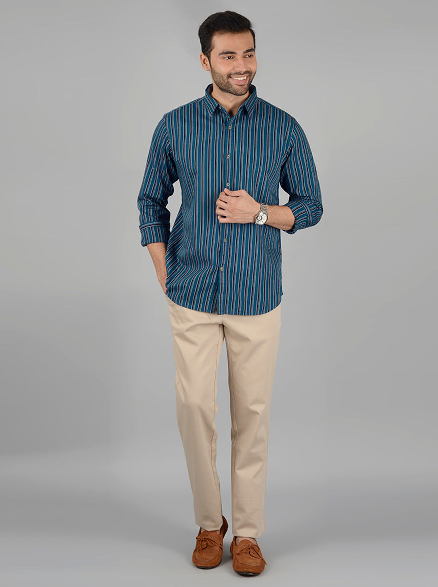 Ocean Blue Striped Slim Fit Casual Shirt | JB Sport