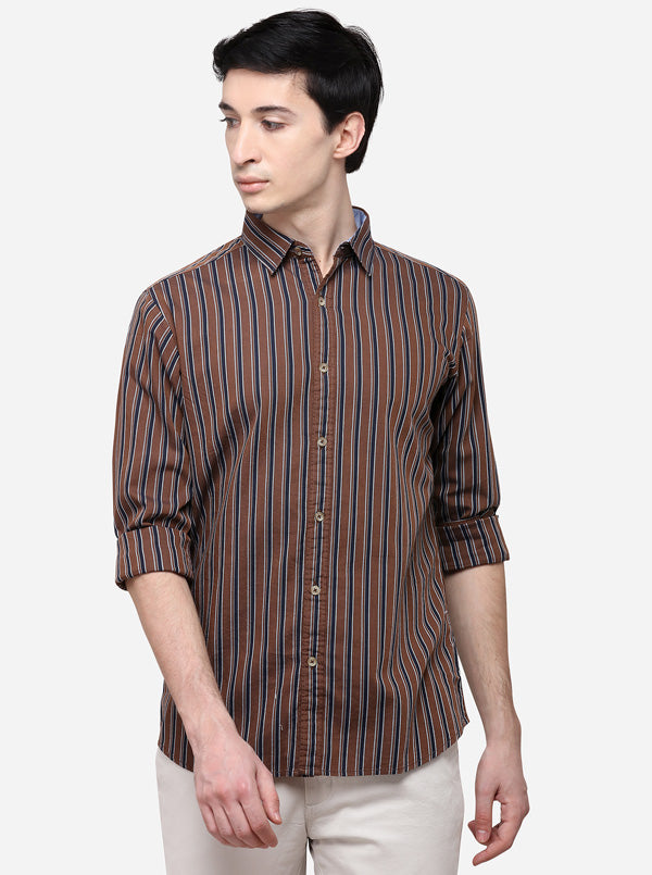 Brown Slim Fit Striped Casual Shirt | JB Sport