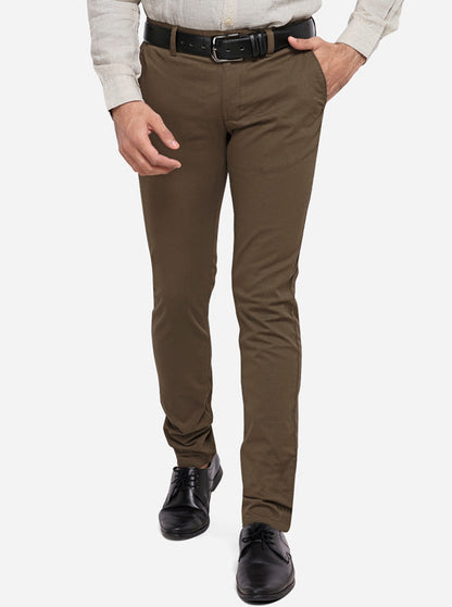 Brown Solid Slim Fit Casual Trouser | Greenfibre