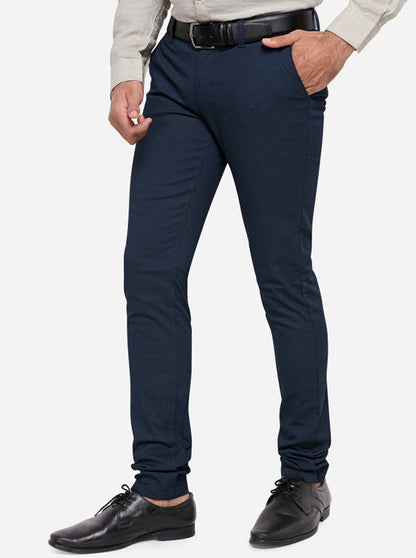 Navy Blue Solid Slim Fit Casual Trouser | Greenfibre