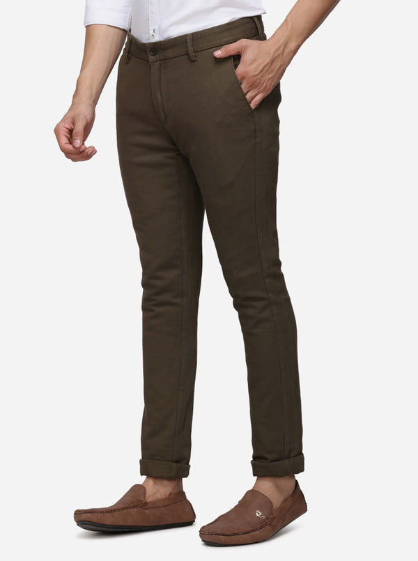 Olive Green Solid Super Slim Fit Casual Trouser | Greenfibre