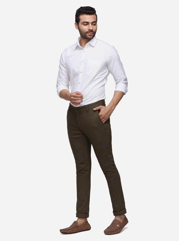 Olive Green Solid Super Slim Fit Casual Trouser | Greenfibre