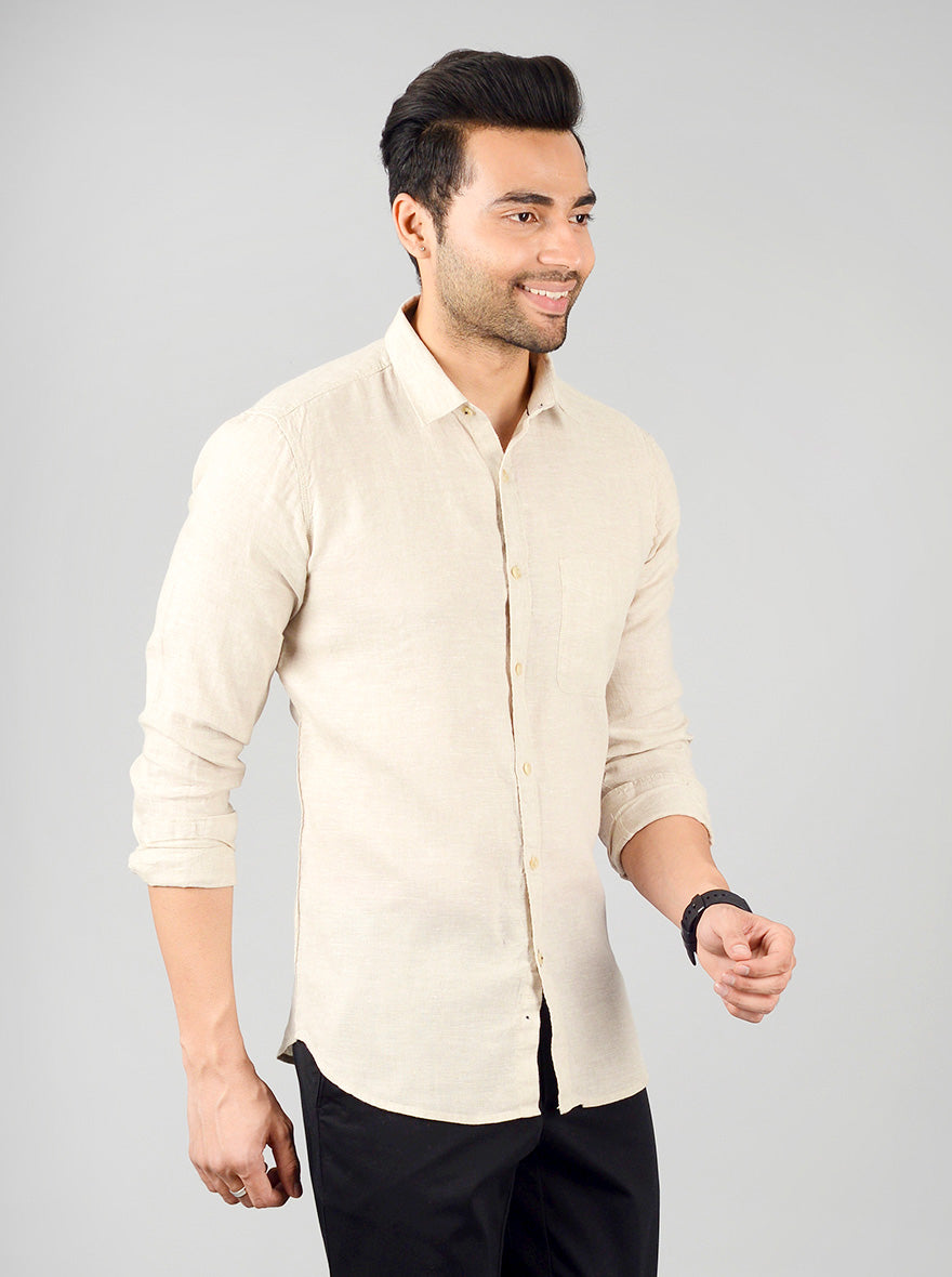 Cream Solid Slim Fit Casual Shirt | JB Sport