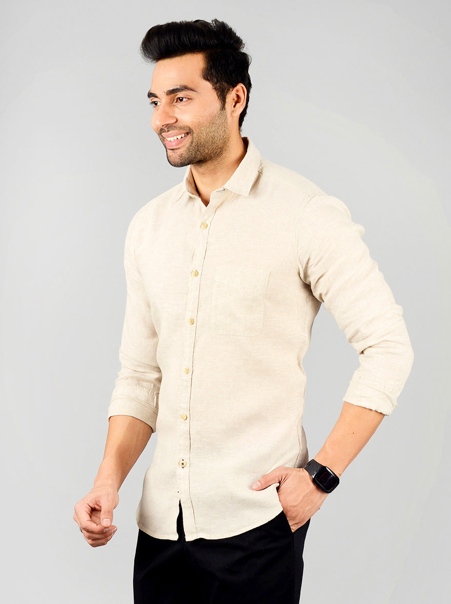 Cream Solid Slim Fit Casual Shirt | JB Sport