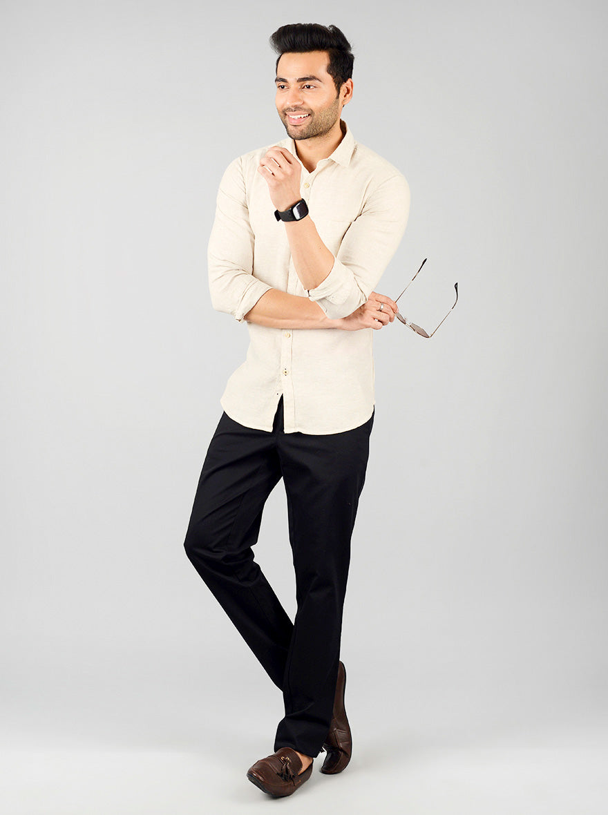 Cream Solid Slim Fit Casual Shirt | JB Sport