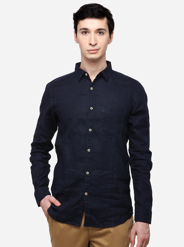 Navy Blue Slim Fit Solid Casual Shirt | JB Sport