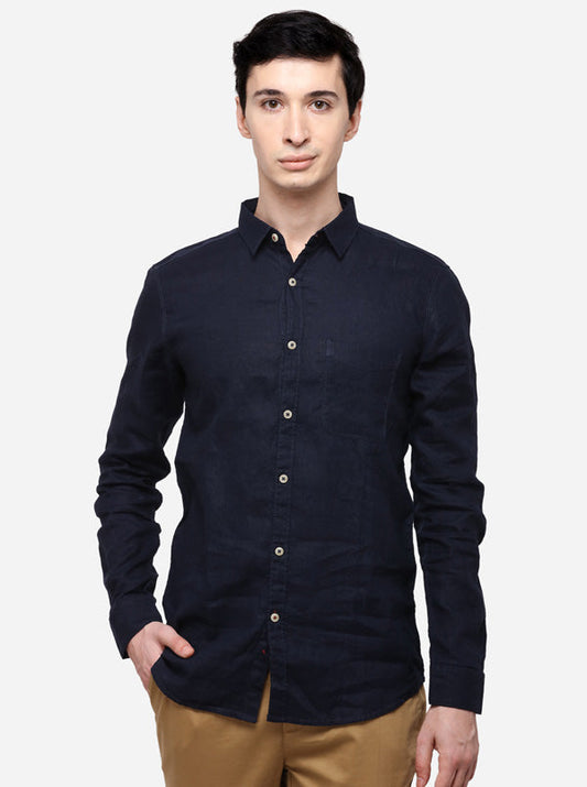 Navy Blue Slim Fit Solid Casual Shirt | JB Sport
