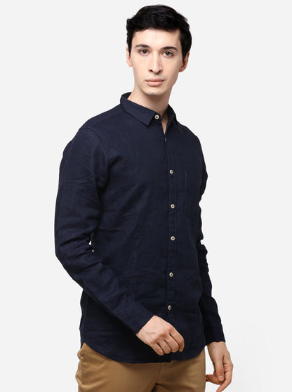 Navy Blue Slim Fit Solid Casual Shirt | JB Sport