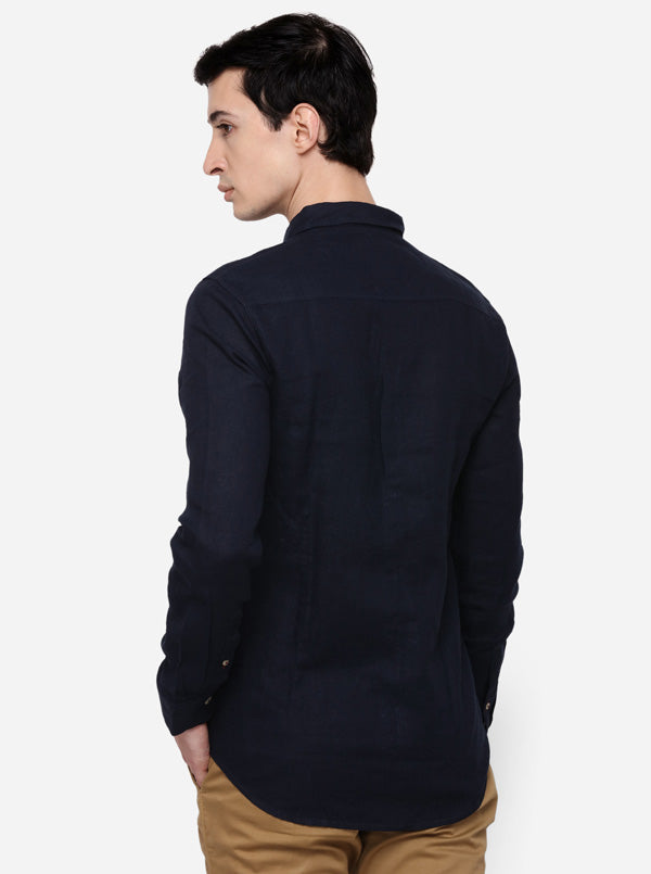 Navy Blue Slim Fit Solid Casual Shirt | JB Sport