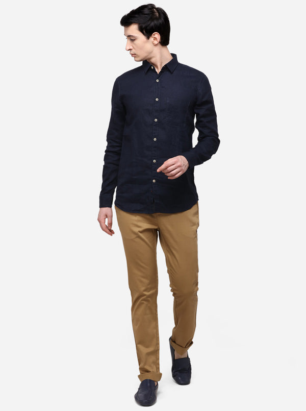 Navy Blue Slim Fit Solid Casual Shirt | JB Sport