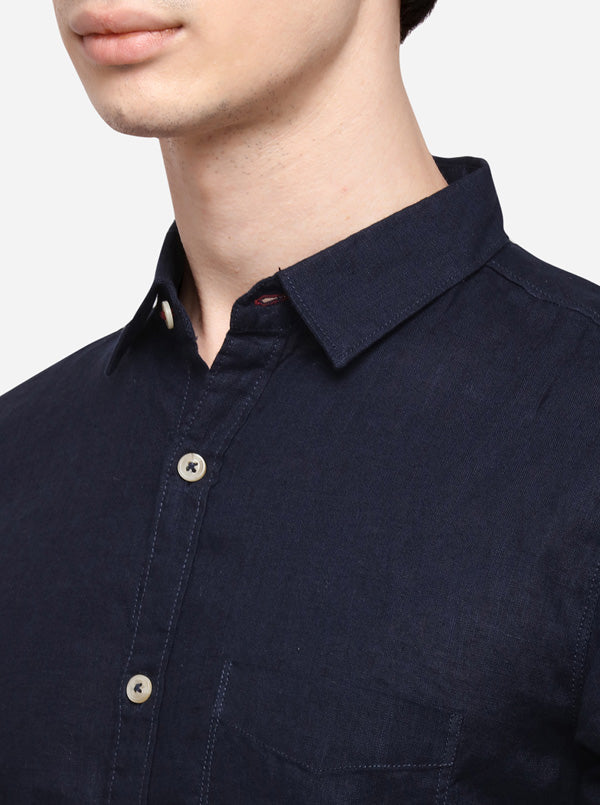 Navy Blue Slim Fit Solid Casual Shirt | JB Sport