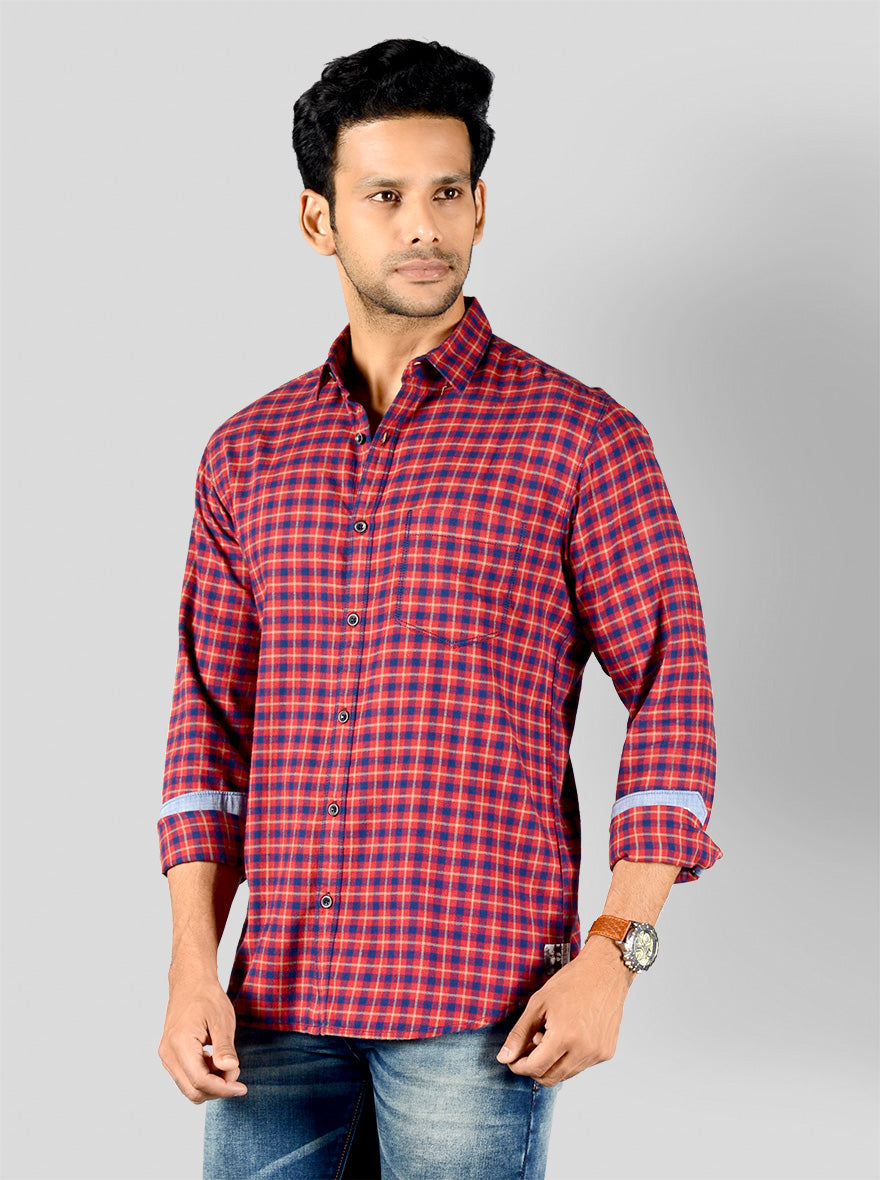 Cranberry Red & Blue Checked Slim Fit Casual Shirt | Greenfibre