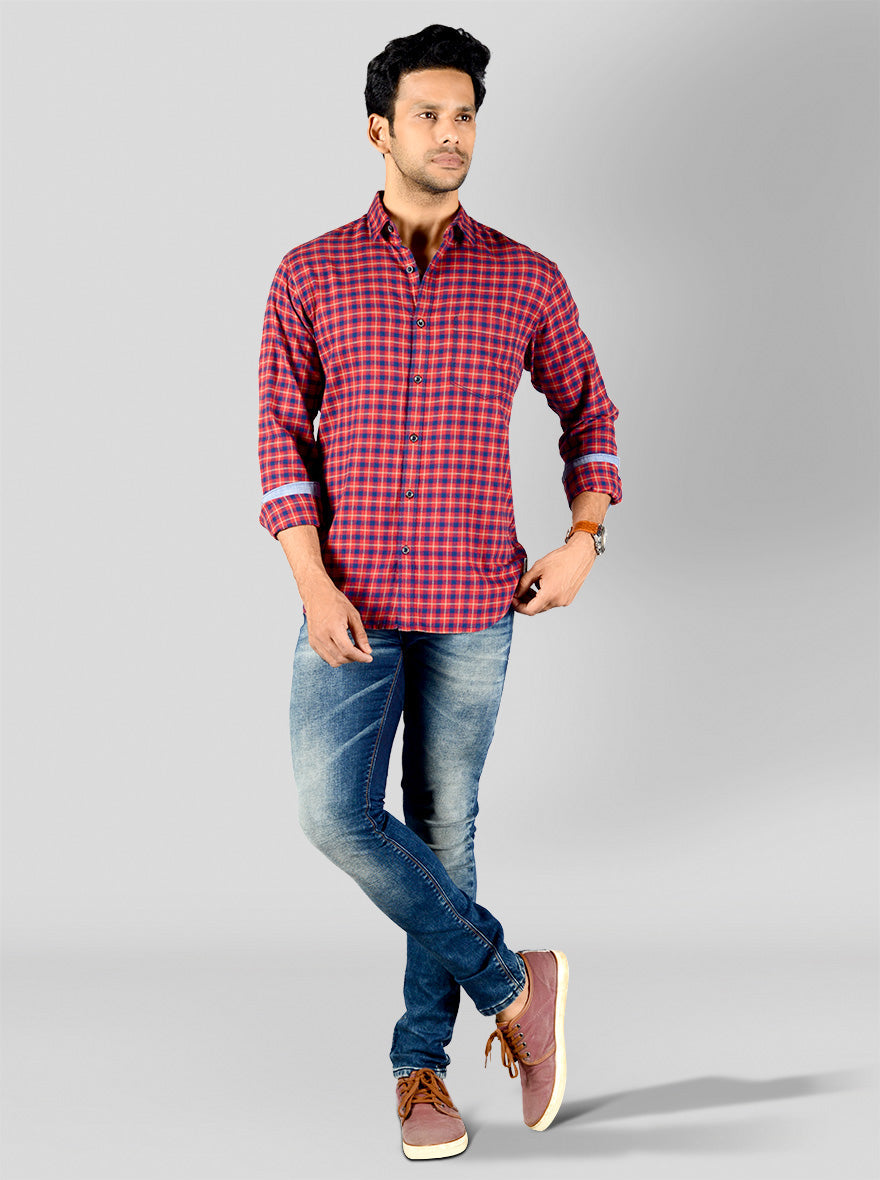 Cranberry Red & Blue Checked Slim Fit Casual Shirt | Greenfibre