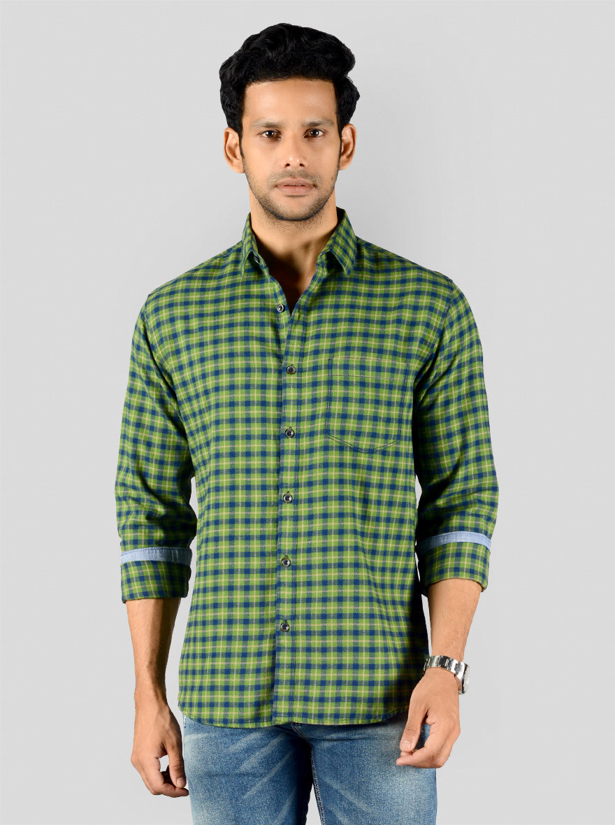 Meadow Green & Blue Checked Slim Fit Casual Shirt | Greenfibre