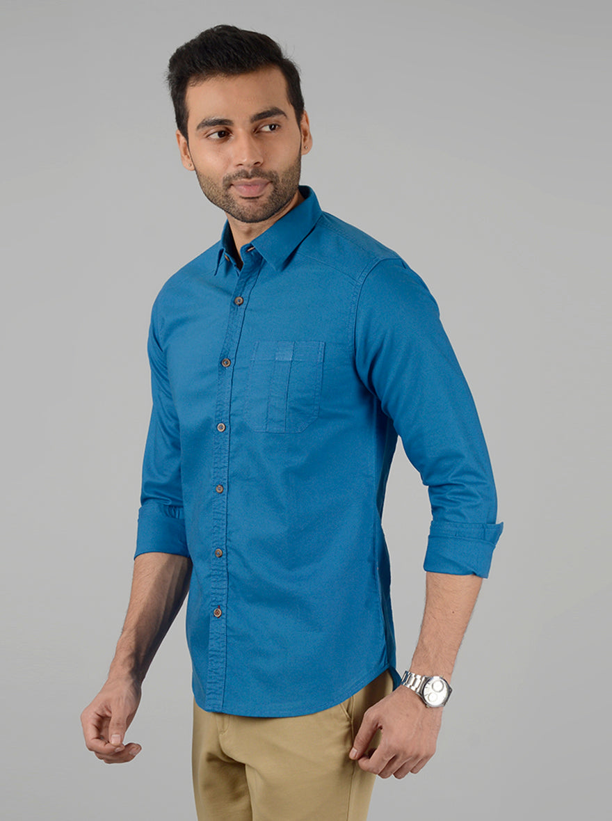 Seaport Blue Solid Slim Fit Casual Shirt | Greenfibre