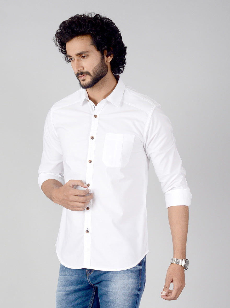 White Solid Slim Fit Casual Shirt | Greenfibre