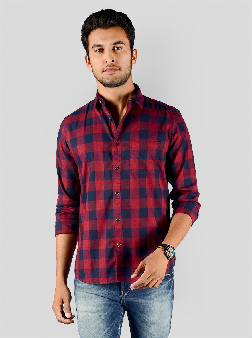 Dark Red & Navy Blue Checked Slim Fit Casual Shirt | JB Sport