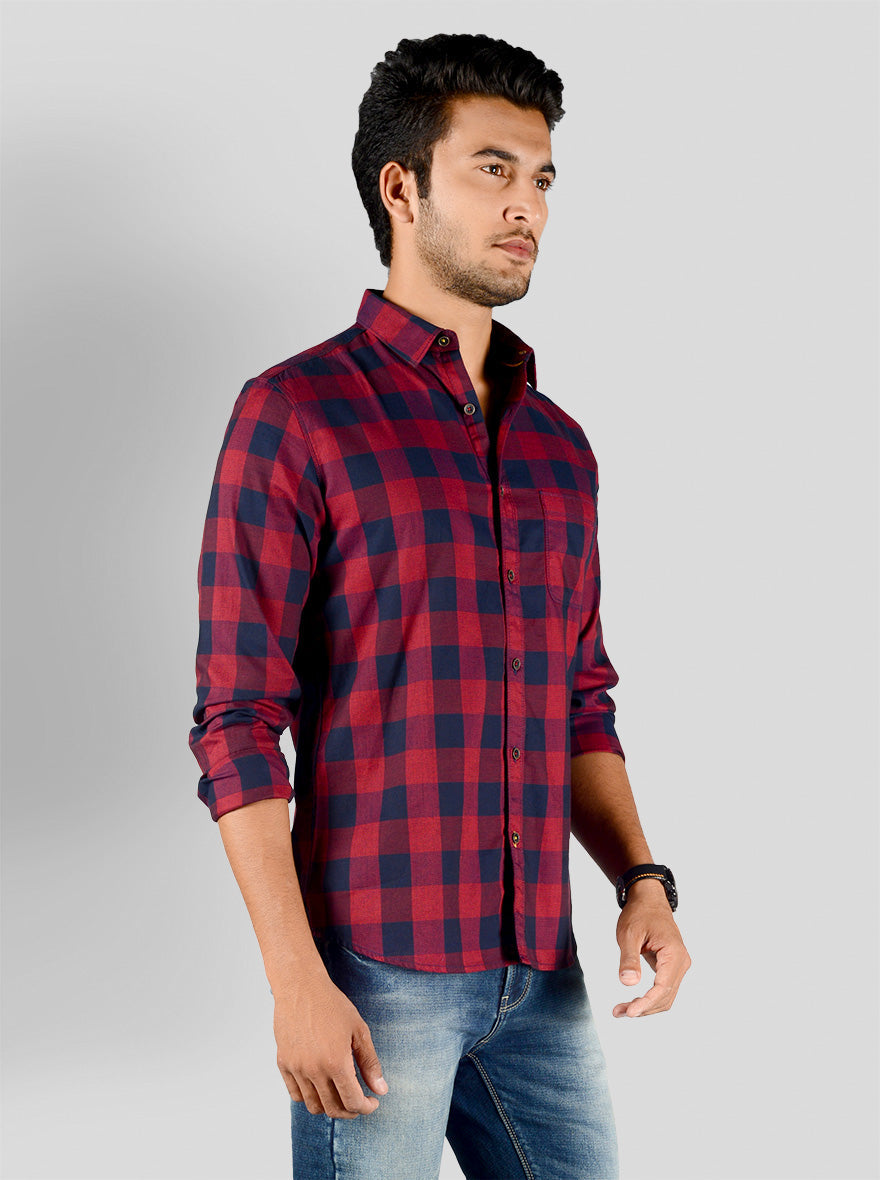 Dark Red & Navy Blue Checked Slim Fit Casual Shirt | JB Sport