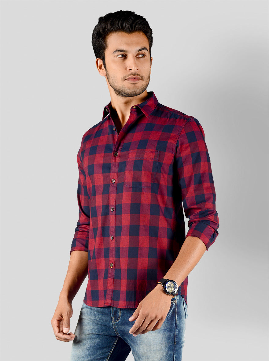 Dark Red & Navy Blue Checked Slim Fit Casual Shirt | JB Sport