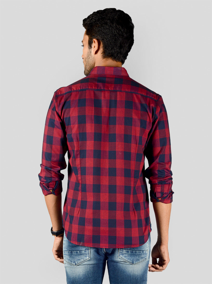 Dark Red & Navy Blue Checked Slim Fit Casual Shirt | JB Sport