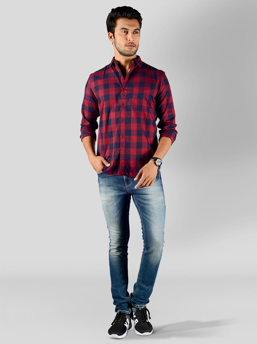 Dark Red & Navy Blue Checked Slim Fit Casual Shirt | JB Sport