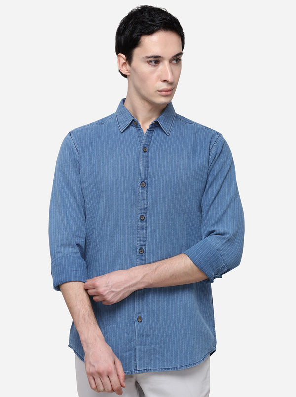 Navy Blue Slim Fit Striped Casual Shirt | JB Sport