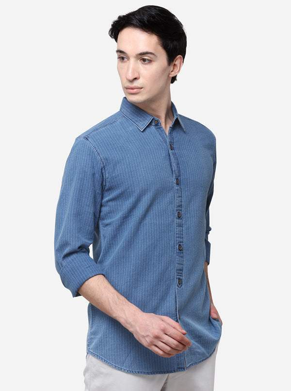 Navy Blue Slim Fit Striped Casual Shirt | JB Sport
