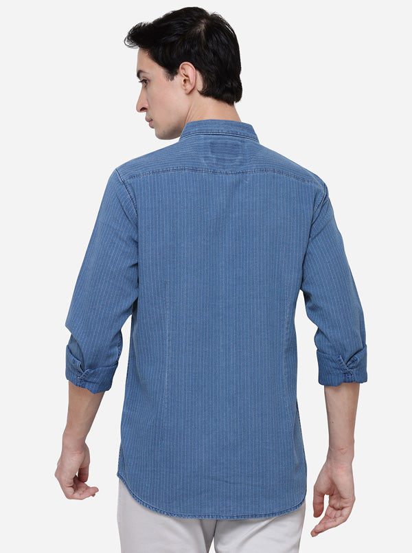 Navy Blue Slim Fit Striped Casual Shirt | JB Sport