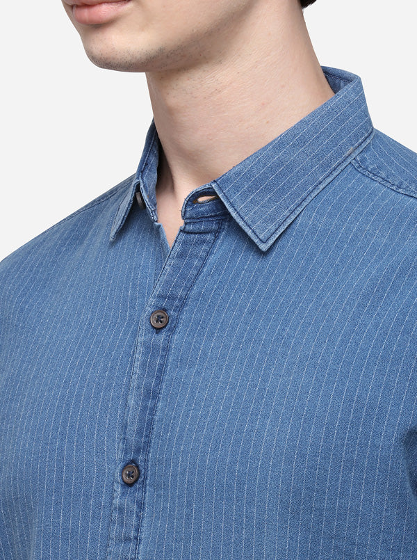 Navy Blue Slim Fit Striped Casual Shirt | JB Sport
