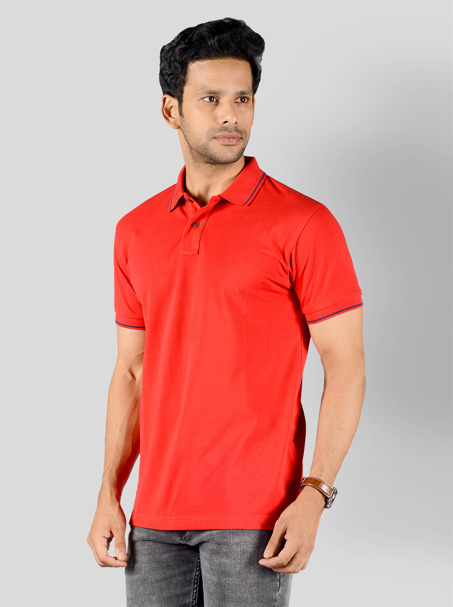 Bright Red Solid Slim Fit Polo T-shirt | Greenfibre