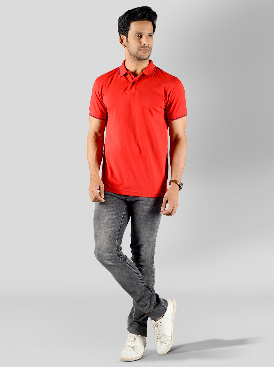 Bright Red Solid Slim Fit Polo T-shirt | Greenfibre