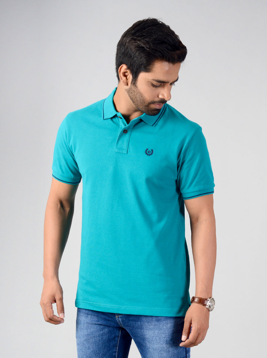 Tile Blue Solid Slim Fit Polo T-shirt | Greenfibre